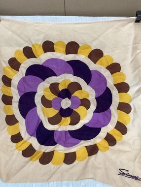 Vintage 60s HAND PRINT Japan Made Simone Flower Swirl Brown PurpleYellow  26x26